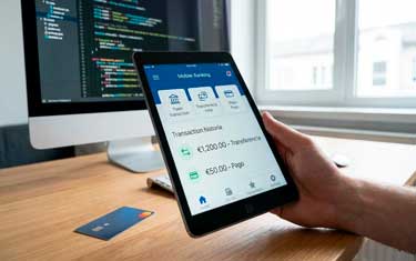 Primer plano detallado de una mano utilizando una aplicación de banca digital accesible en un smartphone; al fondo, un entorno de oficina financiera moderno y elegante.